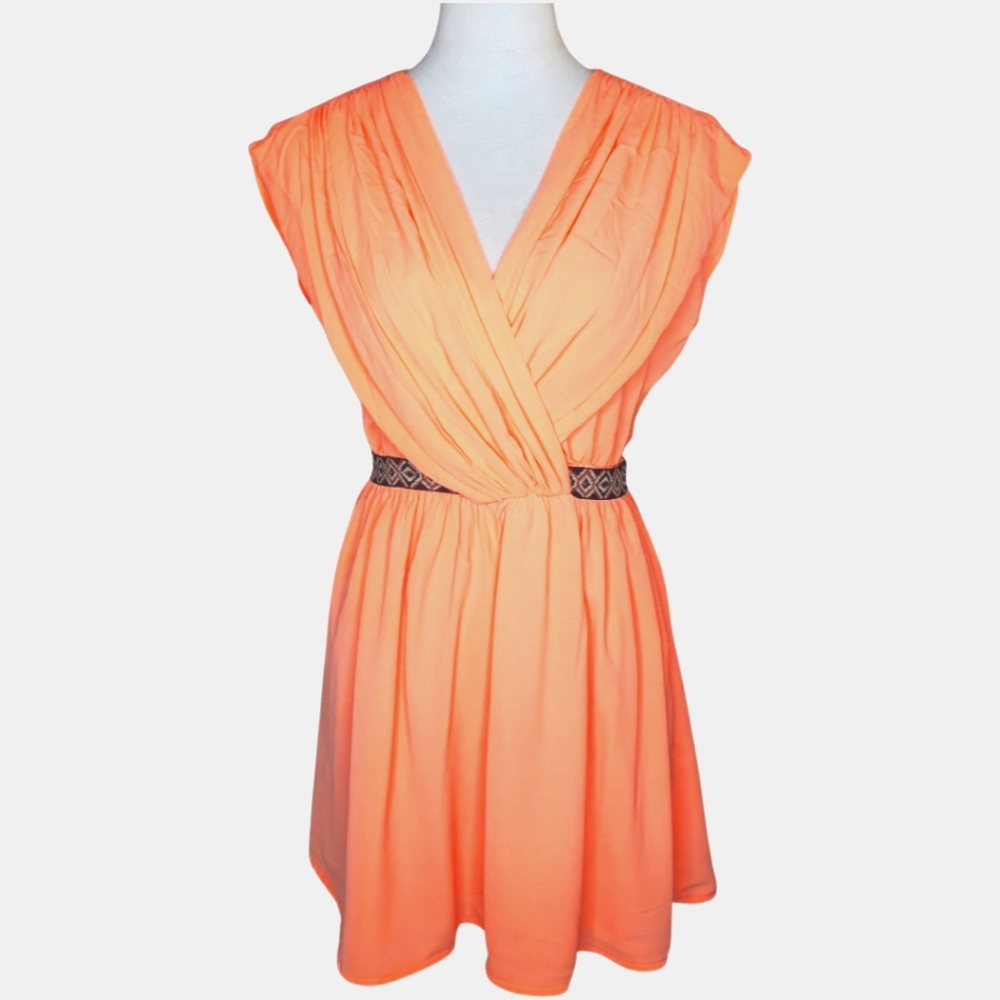Sugarlips Coral Orange Pleated Cross Front Flouncy Mini Dress
